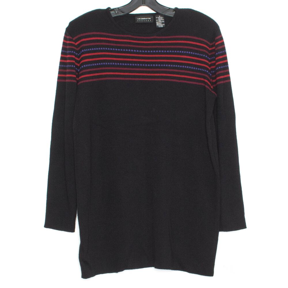 Liz Claiborne New Tunic Sweater Stripe Wool Black Medium Dark Academia Old Money